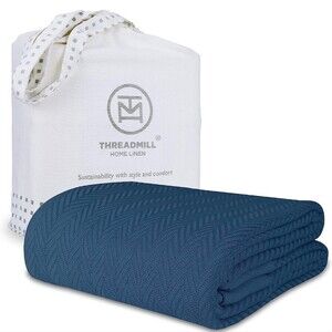 100% Cotton Herringbone Pattern Blue Blanket King Size